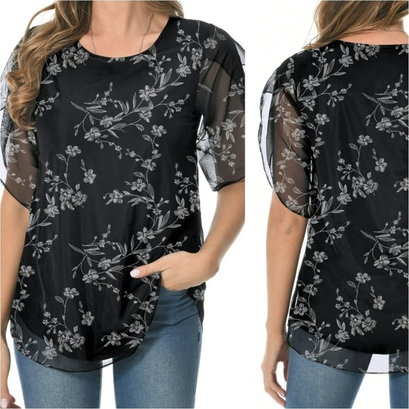 NWT SESE CODE Black Floral Linned Blouse Sheer Sleeves Size Large - Picture 1 of 9